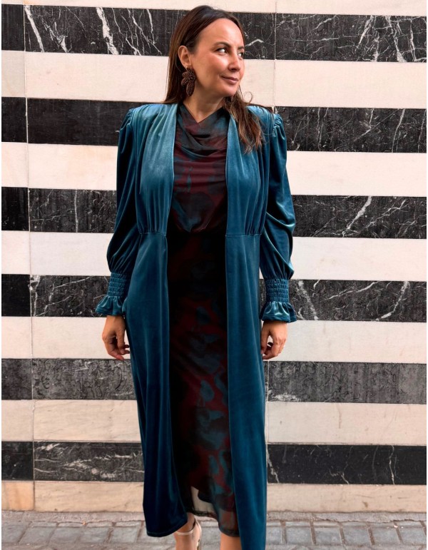Kimono largo de terciopelo azul petróleo