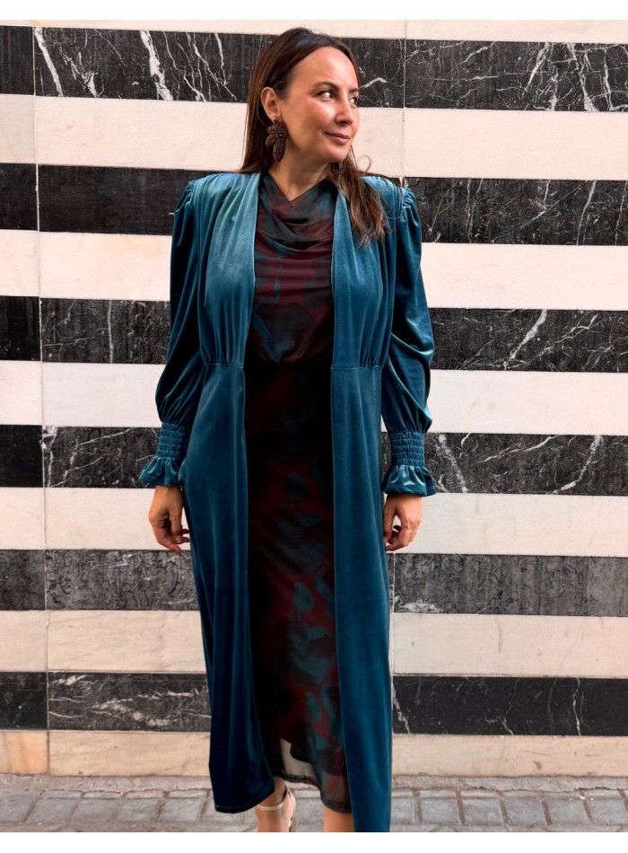 Kimono long en velours bleu pétrole