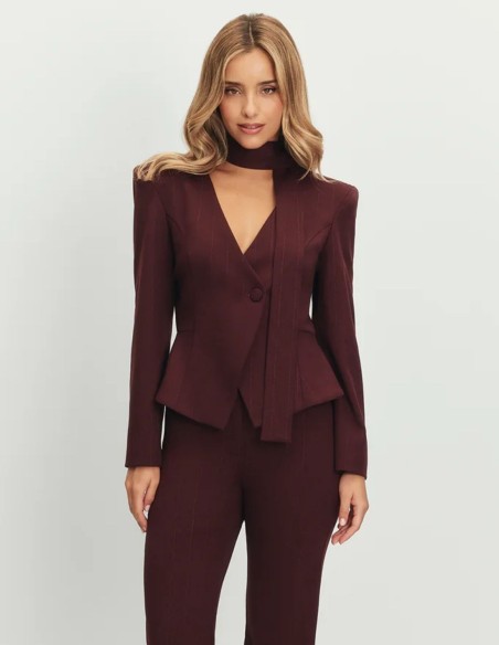 Maroon blazer with peplum cut and deep neckline