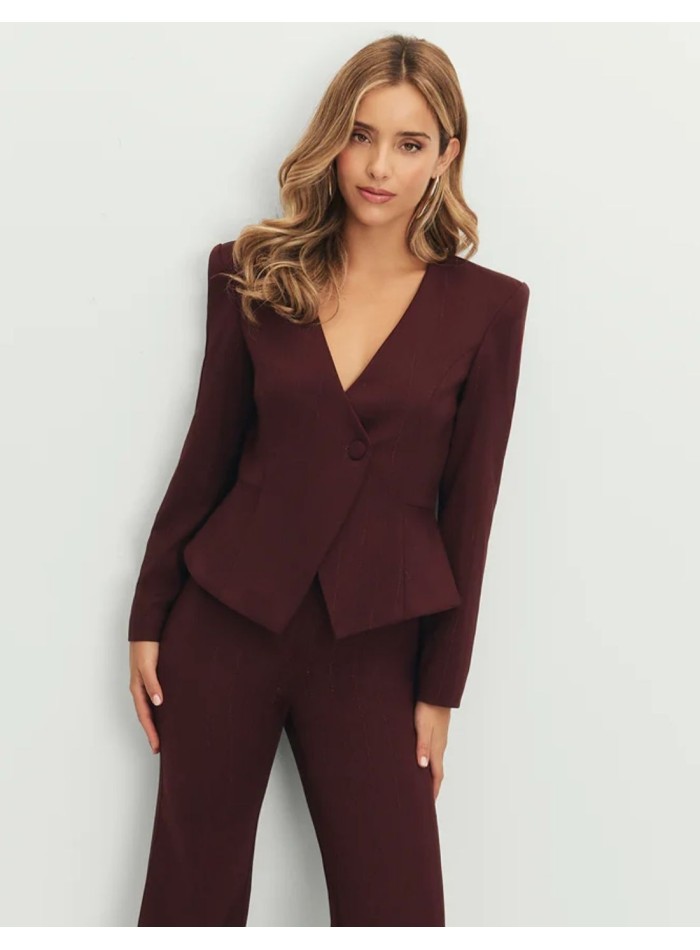 Maroon blazer with peplum cut and deep neckline