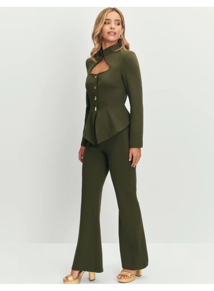 High-waisted, wide-leg military green pants