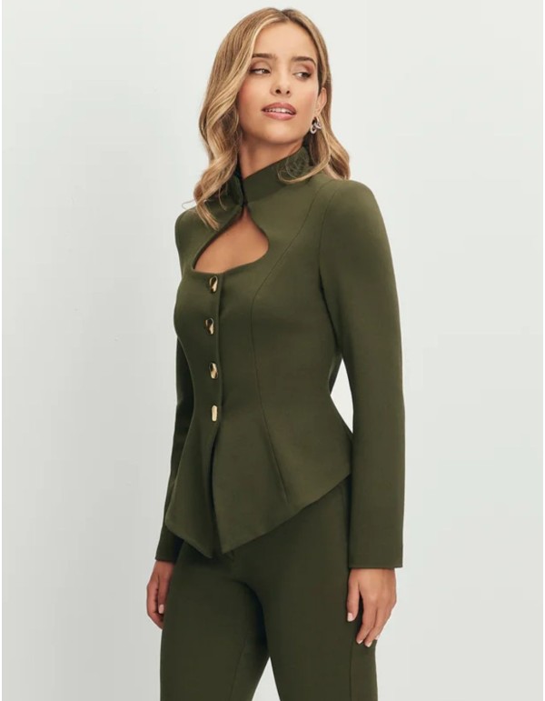 Military green jacket with cut-out neckline and gold buttons