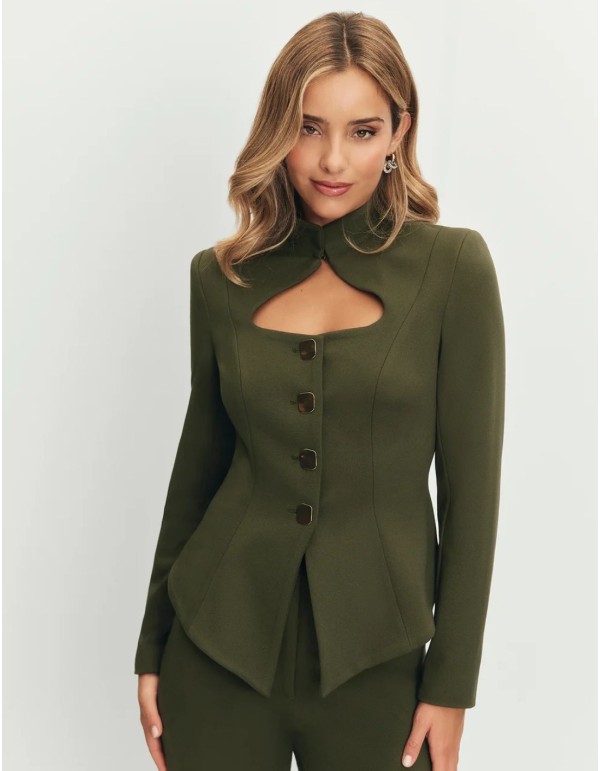 Veste vert militaire avec encolure découpée et boutons dorés 2