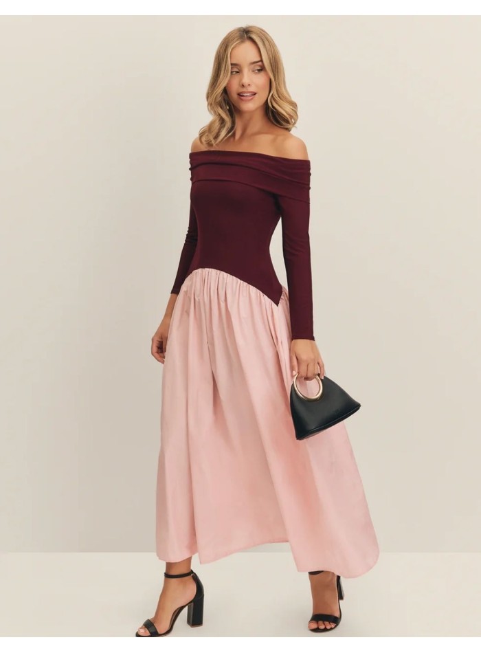 Eggplant and pink midi party dress with bardot...
