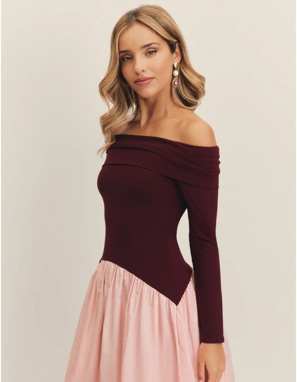 Eggplant and pink midi party dress with bardot neckline 2