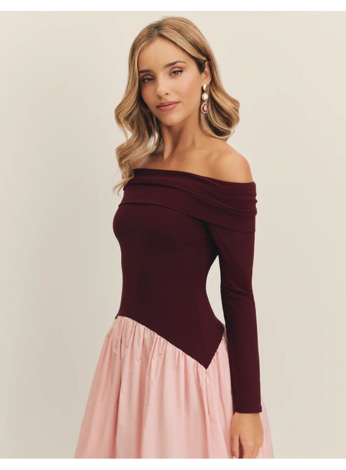 Robe de soirée midi aubergine et rose avec...