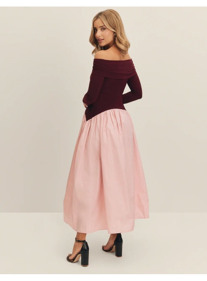 Robe de soirée midi aubergine et rose avec...