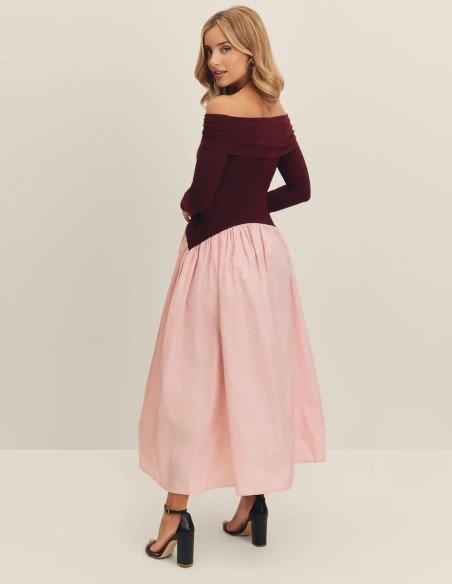 Eggplant and pink midi party dress with bardot neckline