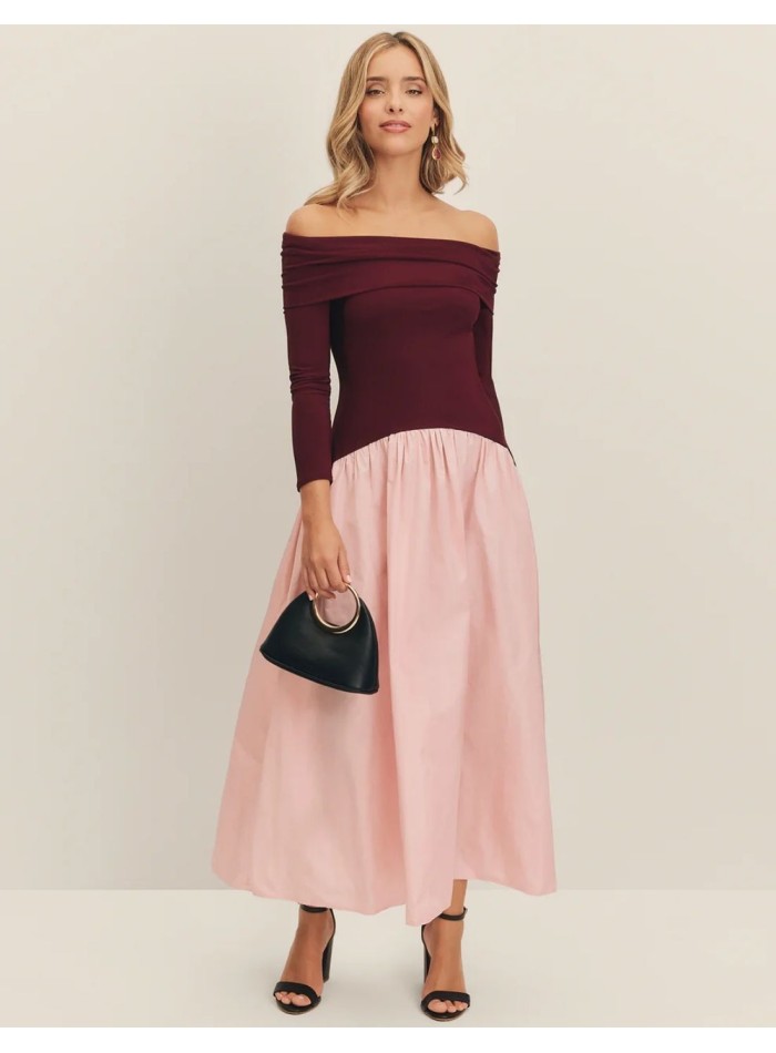 Robe de soirée midi aubergine et rose avec...
