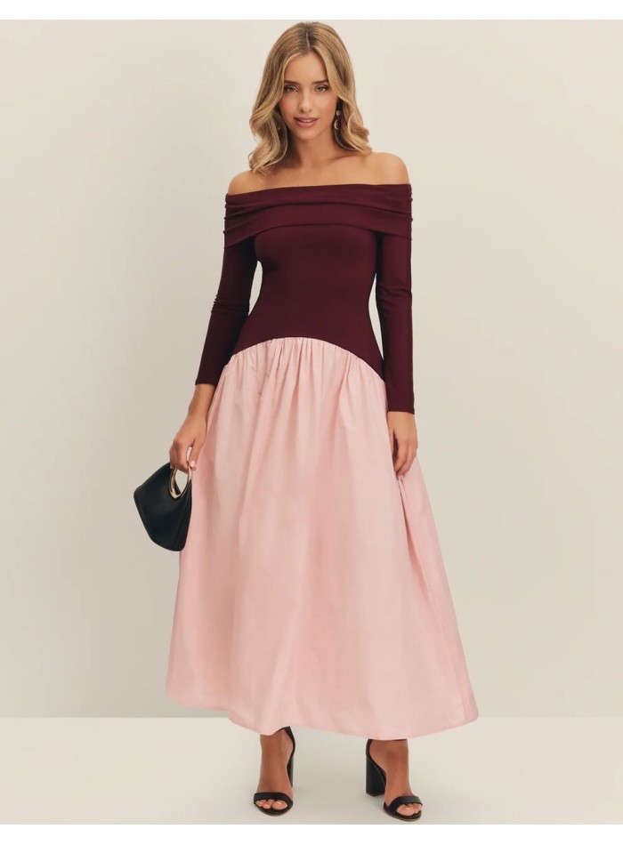 Eggplant and pink midi party dress with bardot...