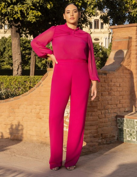 Raspberry color guest outfit with pants