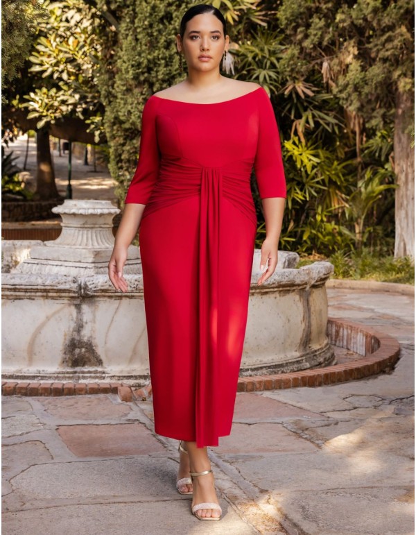 Robe midi avec encolure bardot et nœud à la taille