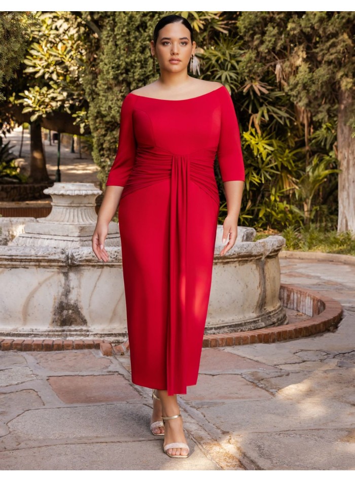 Robe midi avec encolure bardot et nœud à la taille