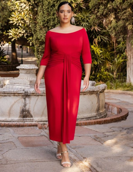 Robe midi avec encolure bardot et nœud à la taille