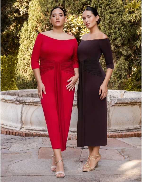 Midi dress with bardot neckline and knot at the waist 2