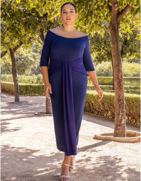 Midi dress with navy blue bardot neckline