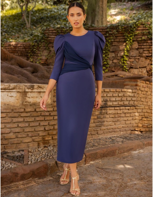 Navy blue midi dress with chiffon detail and open back