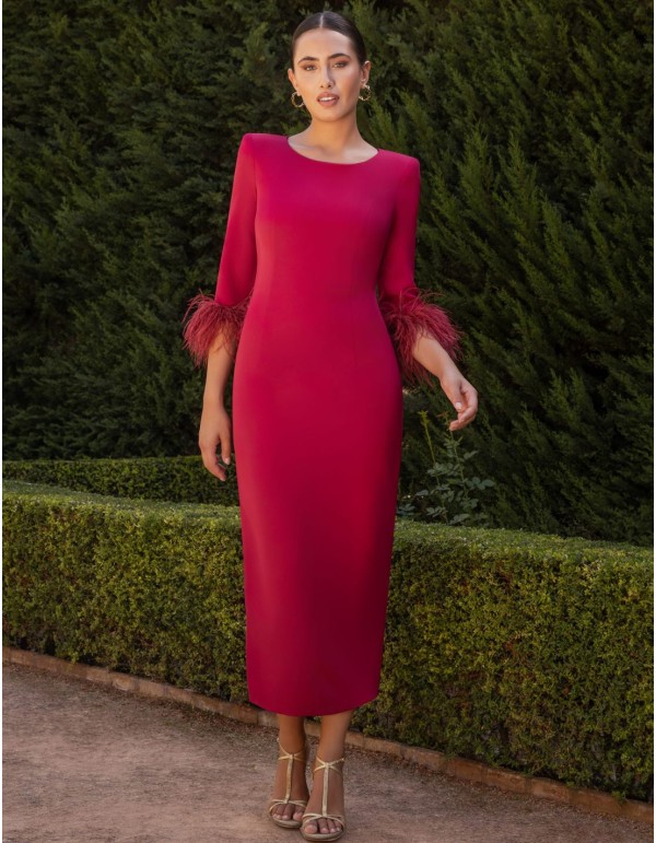 Midi dress with french sleeves and feather cuffs in wine...