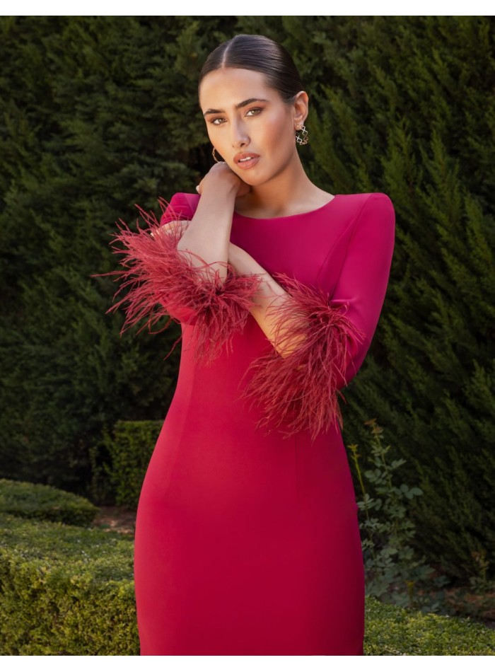Midi dress with french sleeves and feather...