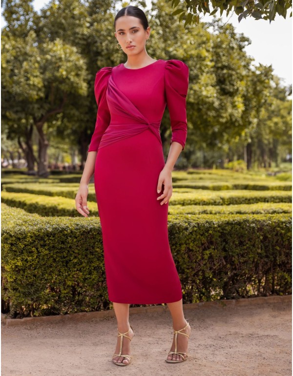 Vestido midi con espalda descubierta y detalle de gasa color vino 2