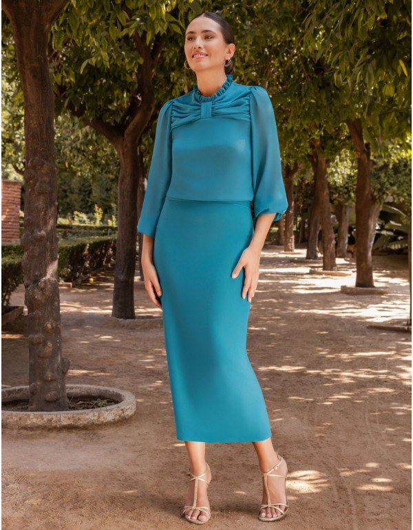 Event ensemble with chiffon blouse and midi skirt