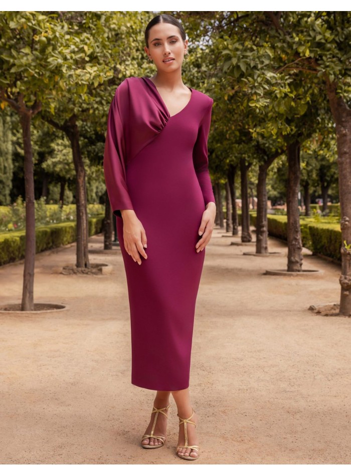 Eggplant color midi guest dress with satin...