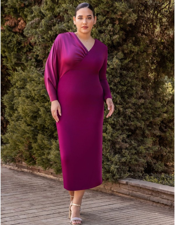 Eggplant color midi guest dress with satin sleeves and... 2