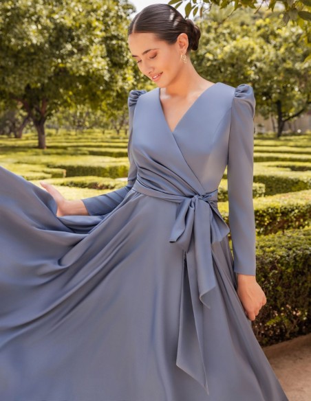 Blue midi dress for event with flounce skirt and lacing