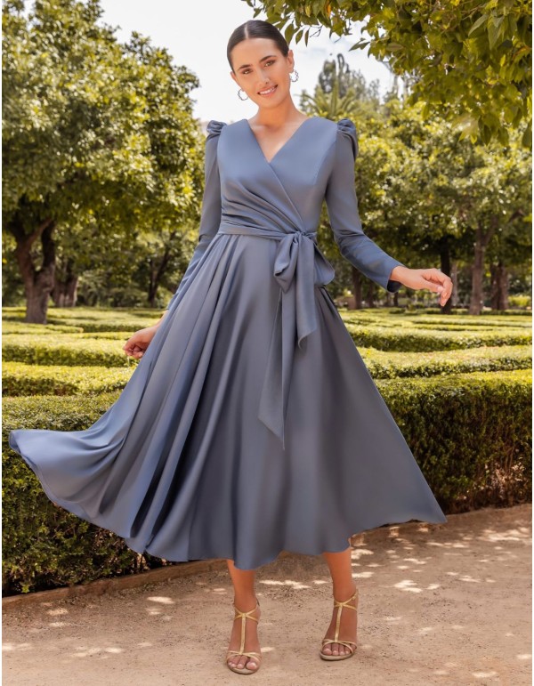 Robe midi bleue pour événements avec jupe à volants et...