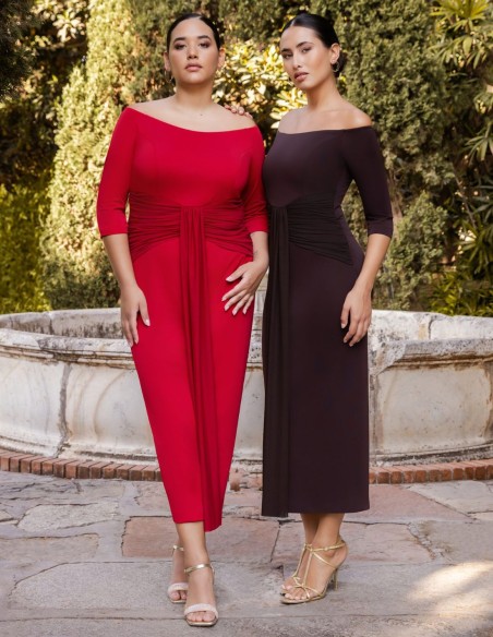 Robe d'invité midi avec encolure bardot et détail de nœud à la taille