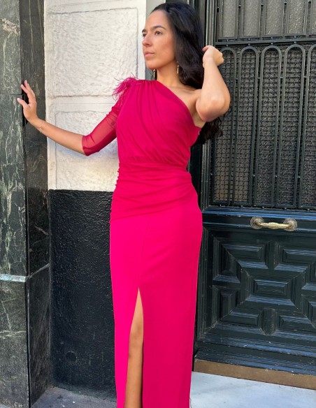 Draped midi party dress with one sleeve and feather details
