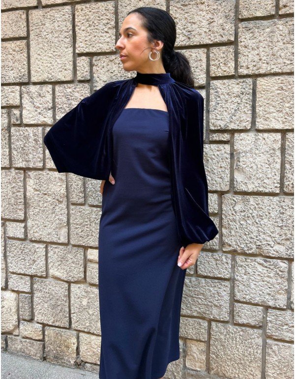 Navy blue midi dress with strapless neckline and velvet...