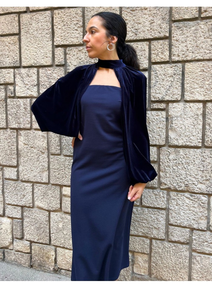 Navy blue midi dress with strapless neckline...