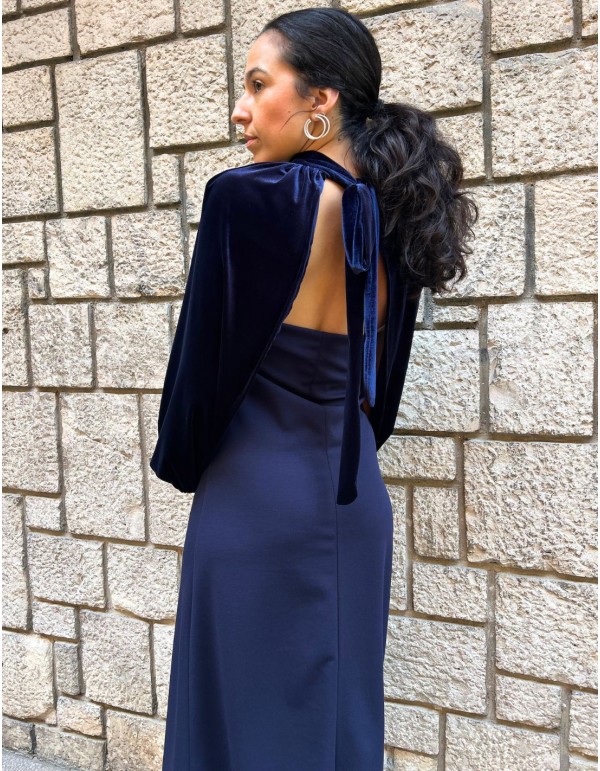 Navy blue midi dress with strapless neckline and velvet... 2