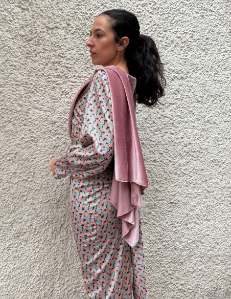 Short pink velvet guest cape with openings