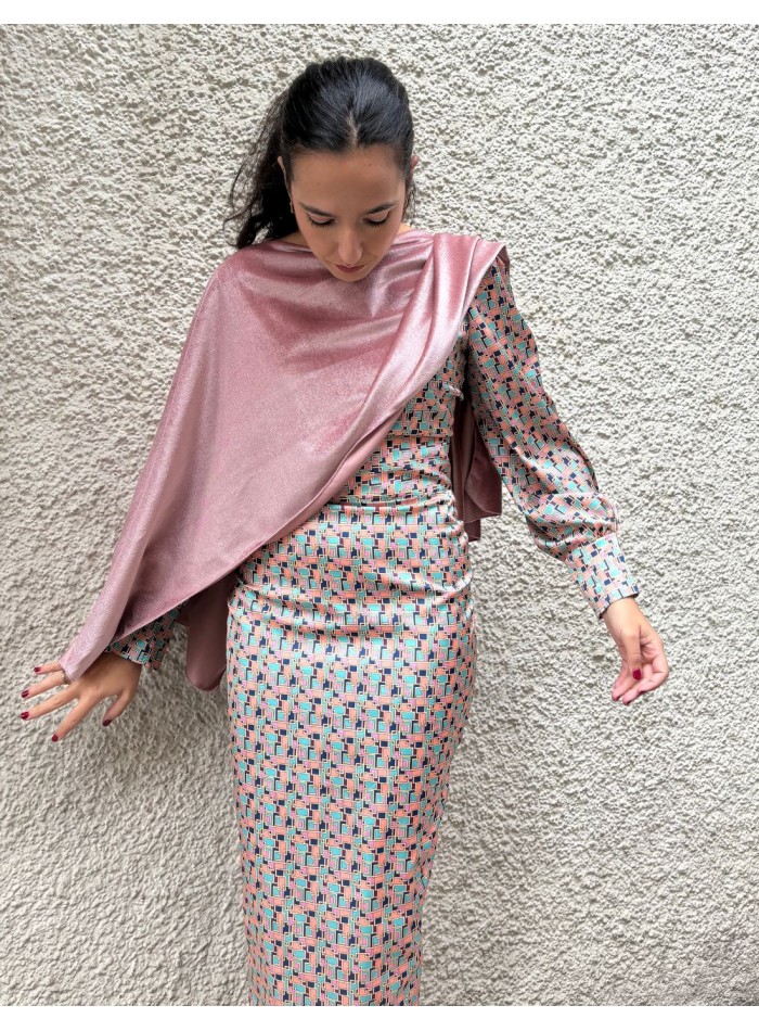 Short pink velvet guest cape with openings