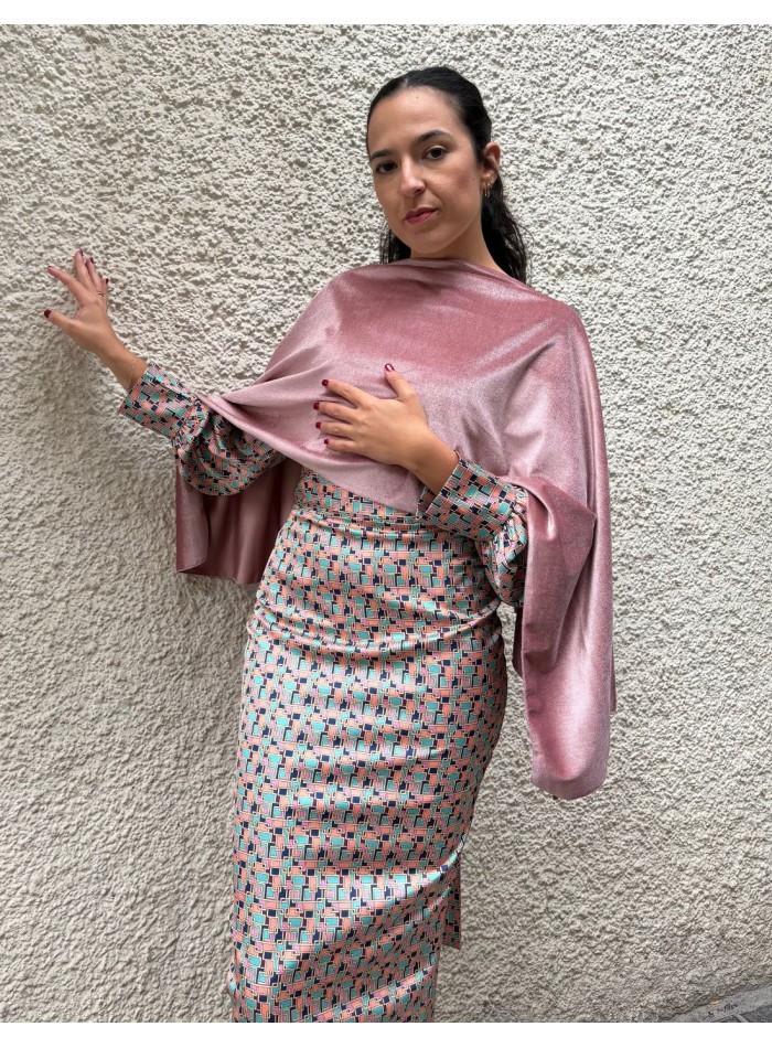 Short pink velvet guest cape with openings