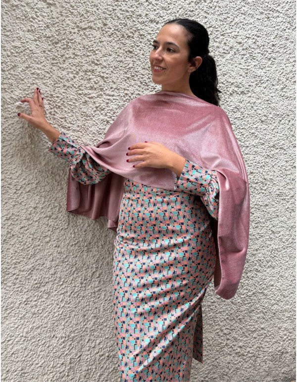 Short pink velvet guest cape with openings 2