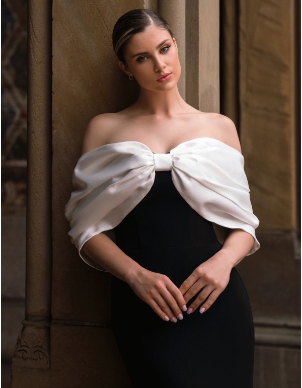 Long black dress with strapless neckline and bicolor bow 2