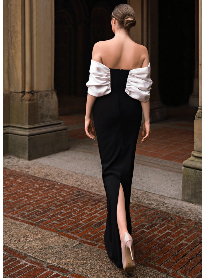 Vestido largo negro con escote palabra de honor y lazo bicolor para galas