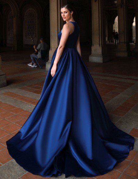 Long party dress halter neckline with rhinestone embellishment