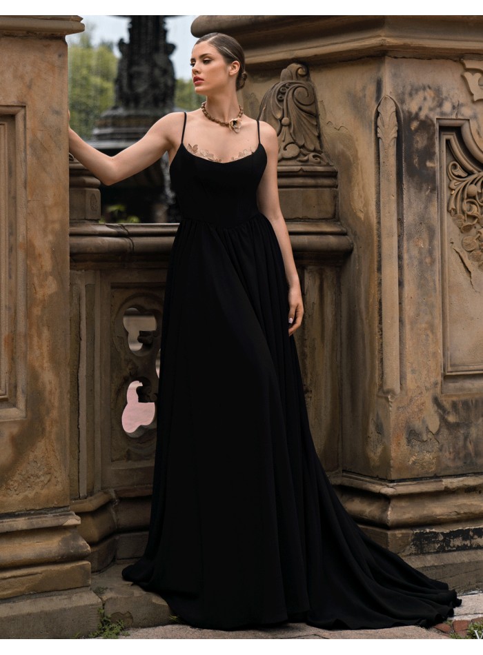 Long party dress with floral neckline and...