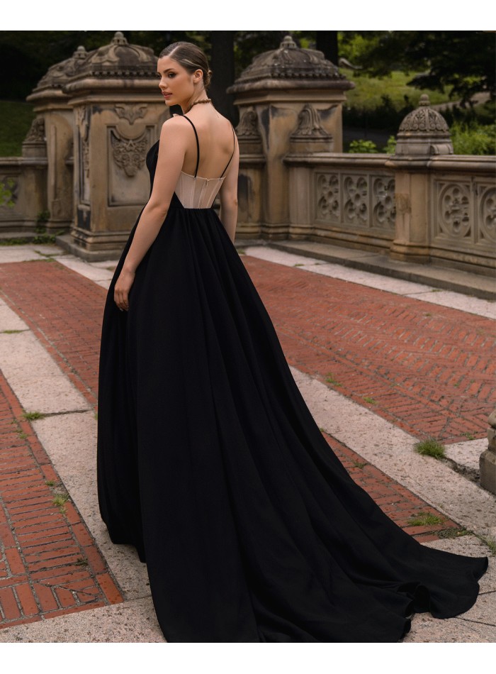 Long party dress with floral neckline and...