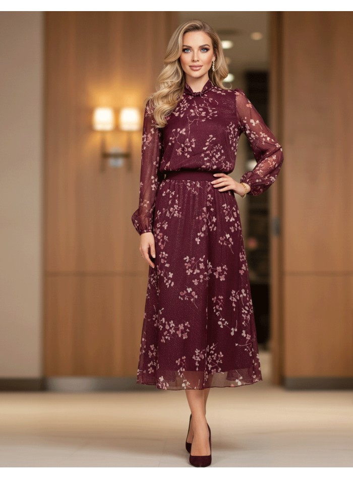 Maroon floral print two-piece ensemble