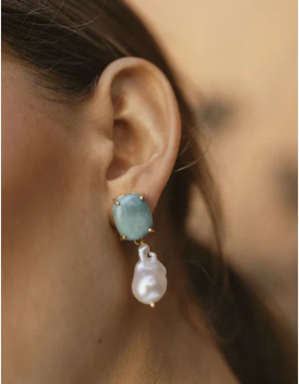 Pendientes con piedra azul turquesa y perla 2