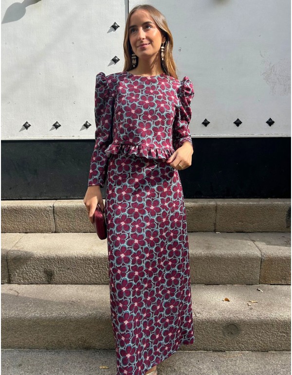 Ensemble top et jupe imprimé fleur de bougainvillier