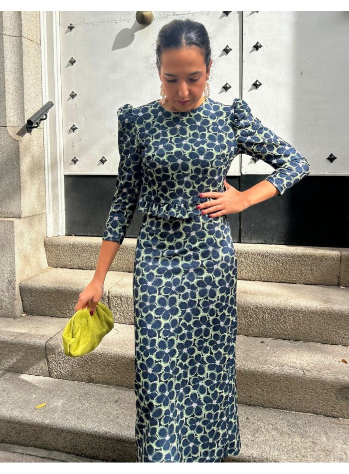 Ensemble top et jupe à imprimé floral bleu