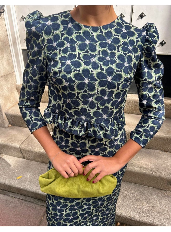 Ensemble top et jupe à imprimé floral bleu