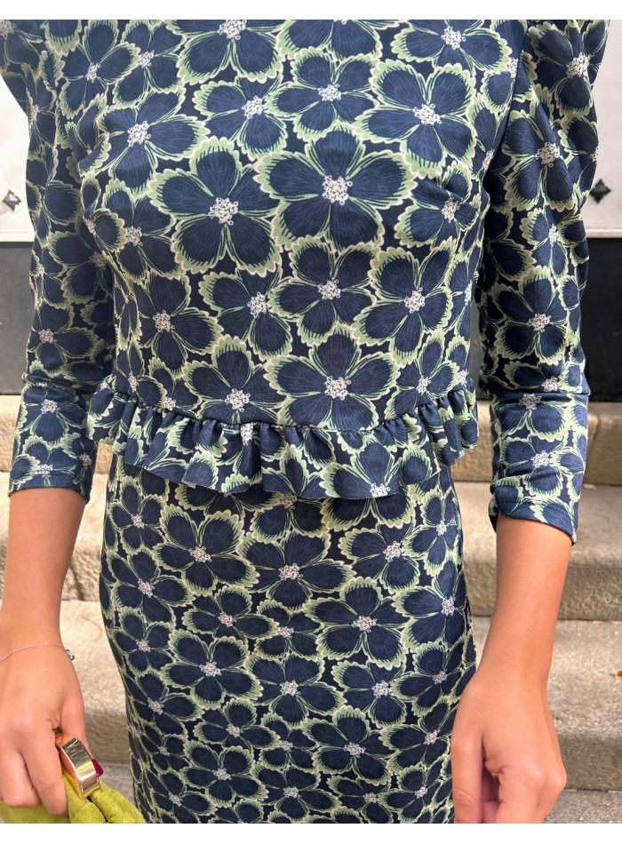 Ensemble top et jupe à imprimé floral bleu