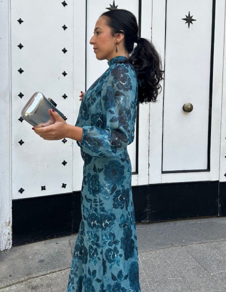 Guest ensemble with blue print and glitter fabric